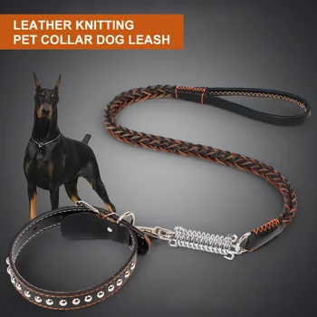 

Cattle Leather Braided Big Dog K9 Training Collar Leash Durable Heavy Duty Punk Rivets Collar Stong Elastic Dog Walking Leash