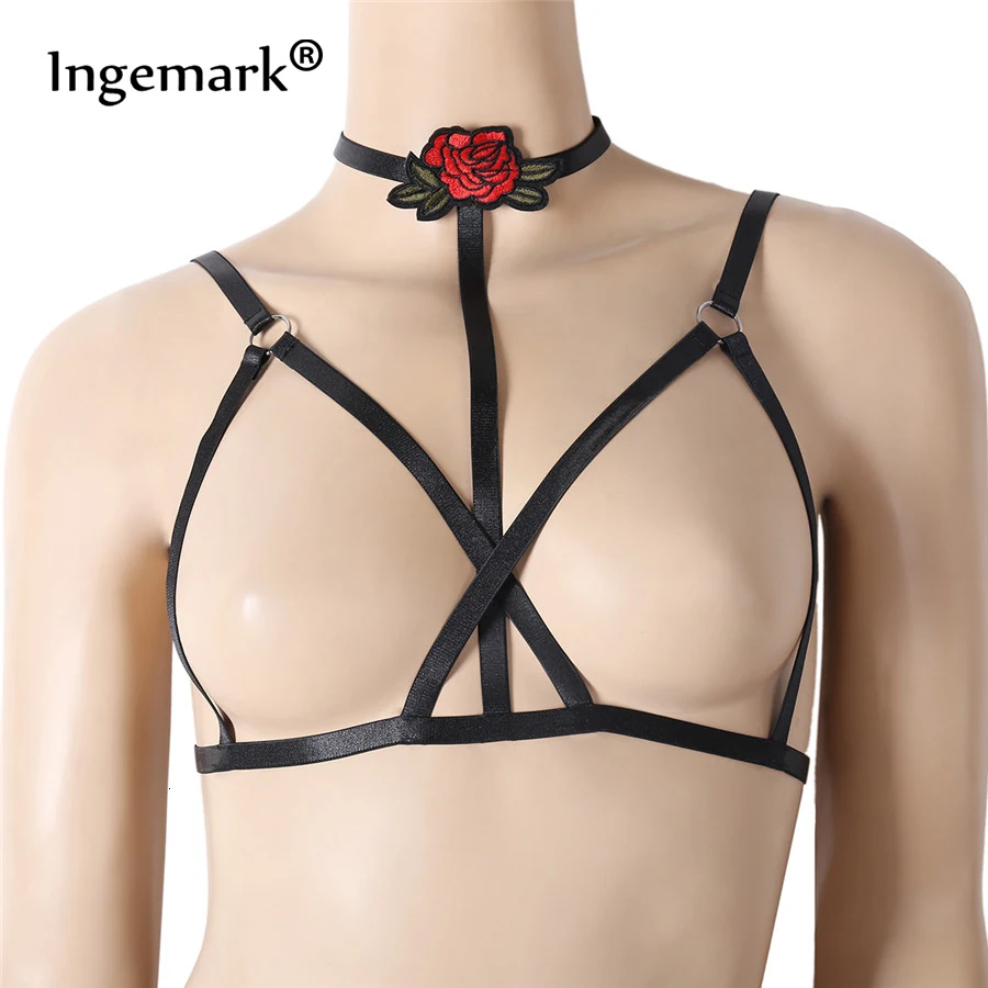 Ingemark, женский бюстгальтер на бретельках, сексуальное нижнее белье, эластичный бандаж, клетка, без бретелей, без косточек, черный топ, роза, колье, ожерелье