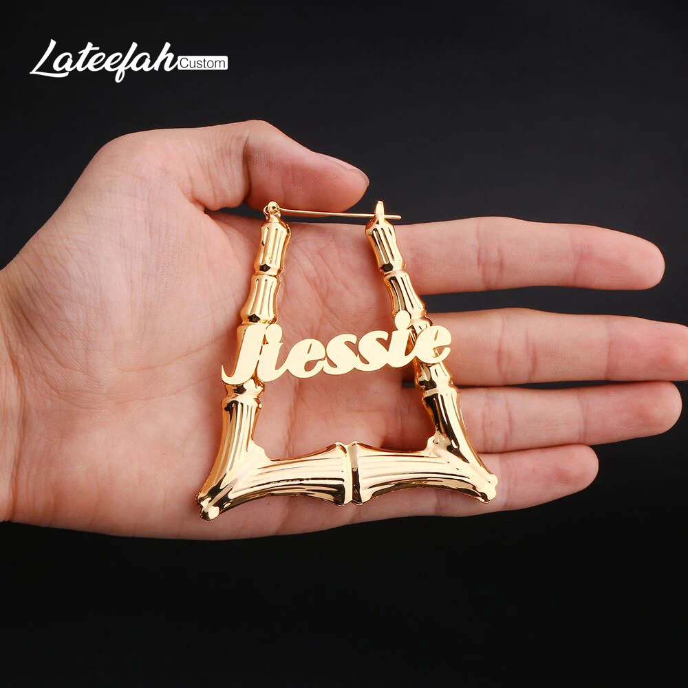 

Lateefah Bamboo Hoop Earrings Geometric Earrings Hip-Pop Style Customizable Name Earrings for women