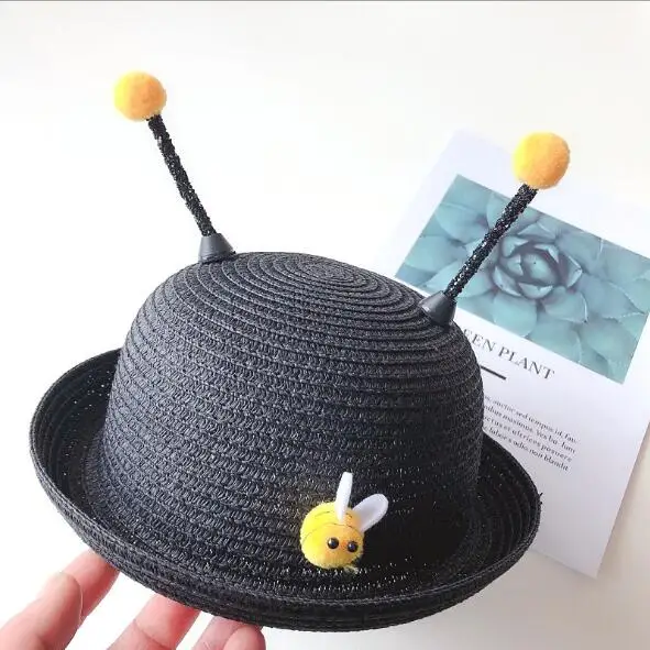 SUEF/Модная детская шапка для мужчин и женщин, Весенняя шляпа, козырек, пляжная шляпа, милая маленькая пчелка, детская соломенная шляпа, шляпа от солнца - Цвет: black