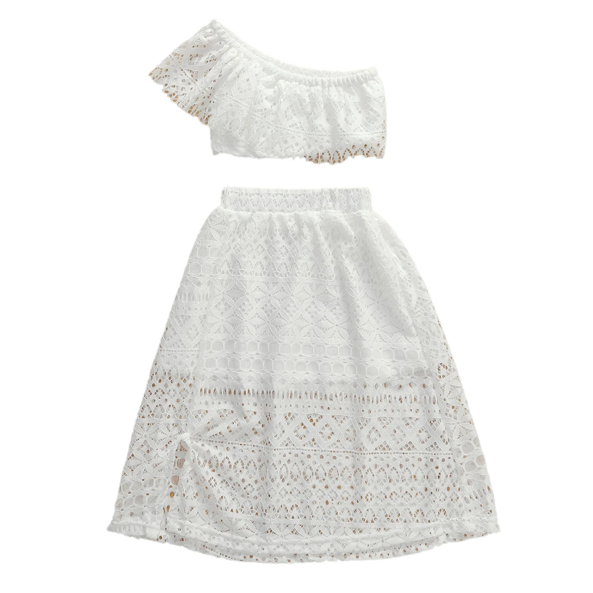 1-6 Infant Kids Baby Girls Boho Clothes Sets Lace Flowers Off Shoulder Tops+Ruffles Skirts Outfit Summer | Мать и ребенок