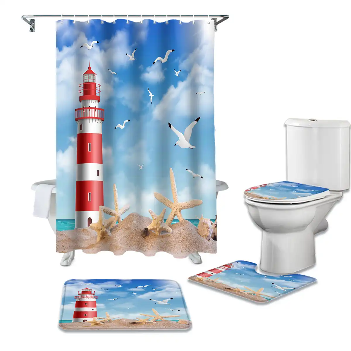 Sea Beach Lighthouse Starfish Seagull Shower Curtain Sets Non Slip