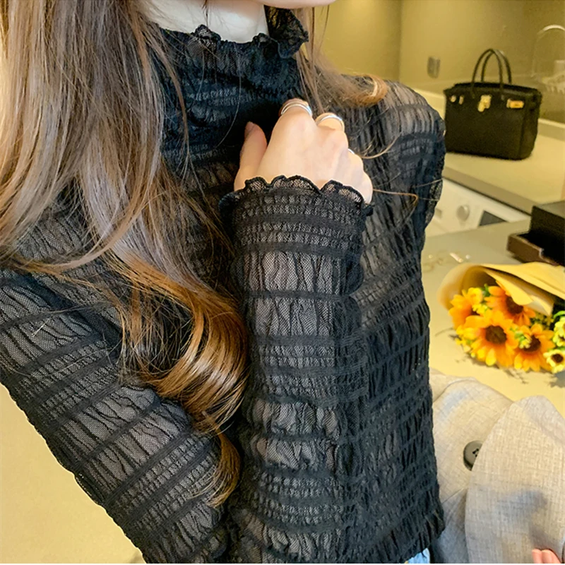 

Korean Fashion Mesh Women Blouses Lace Office Lady Shirt and Blouse Long Sleeve Blusas Largas Plus Size XXXL Womens Sexy Tops