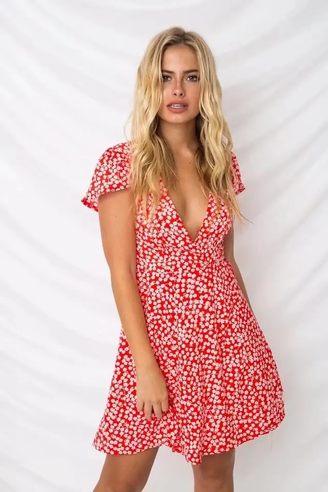 

2018 Europe And America WOMEN'S Short Sleeve Shirt V-neck Cuihua Pattern Slim Dress Short Skirt 9193