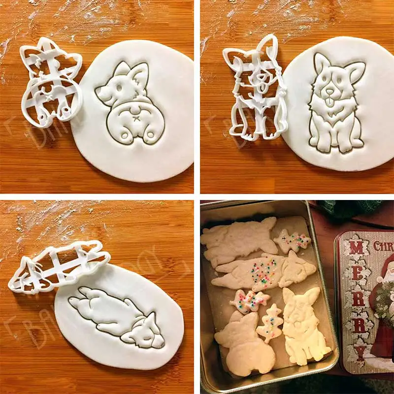 

New Cute Corgi Dog Shaped Cookie Cutters Mold Kitchenware Bakeware 3 Type 3Pcs/set DIY Tool For kids Hand Mold