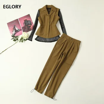 

High Quality Designer Clothing Sets 2019 Autumn Jacket Set Women Black Mesh Top+Army Green Vest Coat+Ankle Pencil Pant Set 3pcs