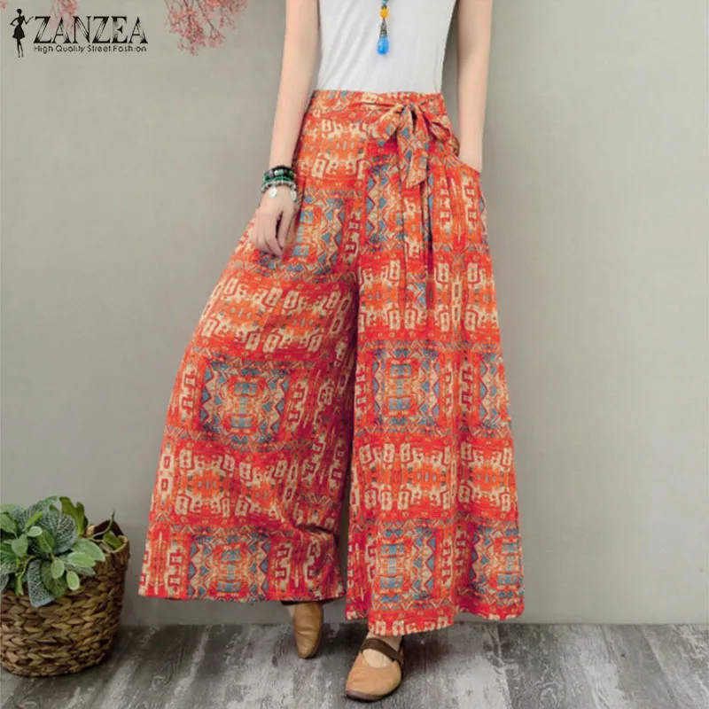 

Elastic Waist Wide Leg Pants ZANZEA 2019 Autumn Bow Tie Trousers Women Casual Bohemian Floral Print Party Flare Pantalon Female