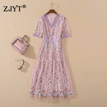 

Top Quality Fashion Runway Dress Women 2020 Summer Clothes New Elegant Short Sleeve V Neck Floral Embroidery Mesh Lace Dress