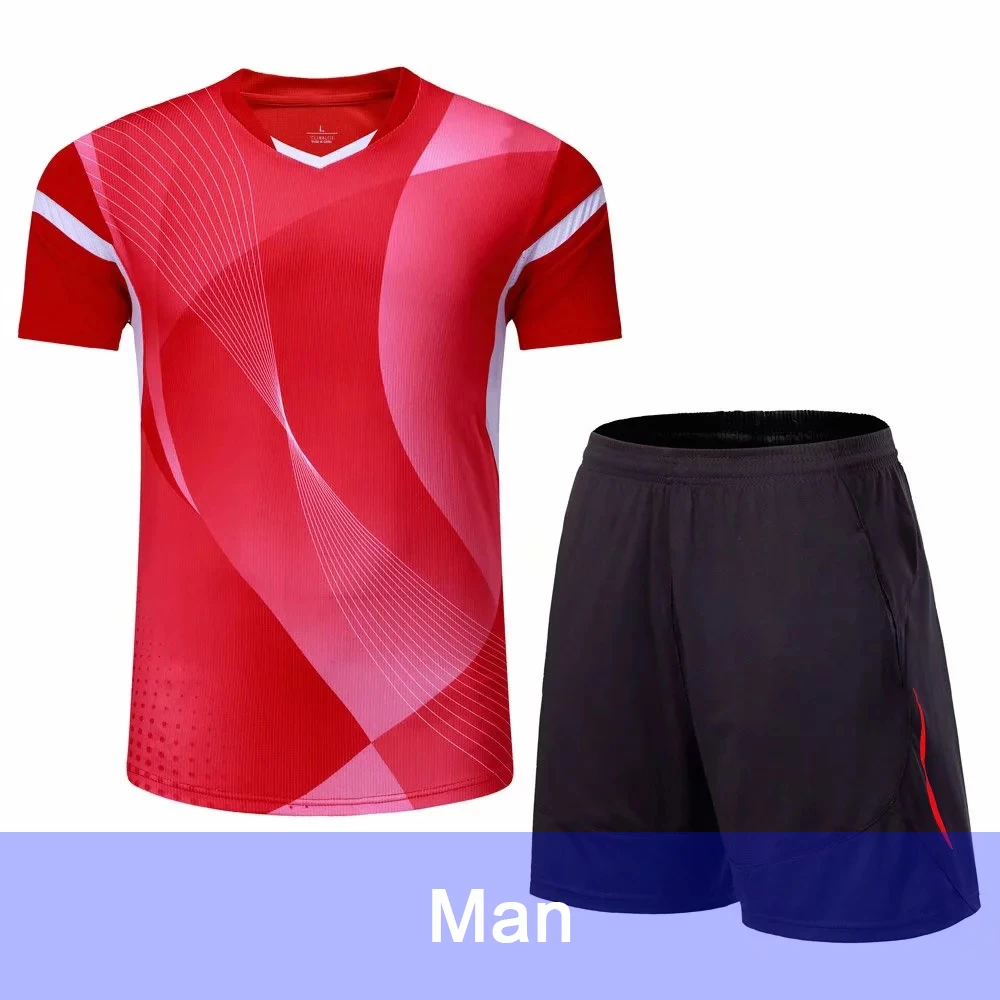 Tennis Sports T-Shirt Suit Quick Dry Short Sleeve For Male And Female Sweat Absorption Badminton Shirts& Shorts L973SHC - Color: Men Red