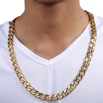 

13mm Necklace for Men Boy Smooth Curb Cuban Link Gold Color Stainless Steel Heavy Male Necklace Chain 26inch DKN333