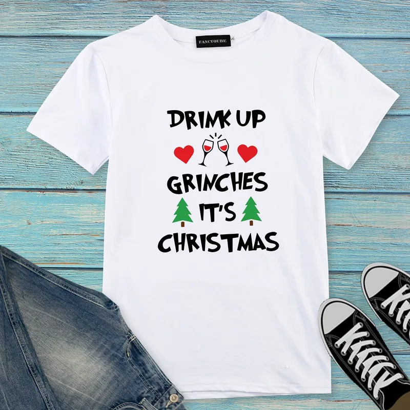 Футболка с надписью DRINK UP GRINCHES, Женская рождественская футболка с коротким рукавом и круглым вырезом, Женская Повседневная Уличная одежда, пуловер Harajuku, топы