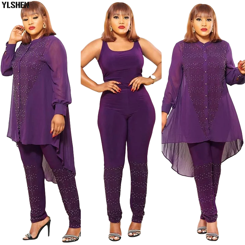 3 Piece Set African Dresses for Women Dashiki Button Diamond African Dress Bodycon Top + Pants Clothes Plus Size Africa Clothing 04