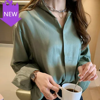 

Long Sleeve Solid Color Casual OL Satin Shirts Plus Size Tops Blusas Mujer Oversized Blouse Women Single Breasted