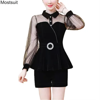 

Spring Vintage Outfits Plus Size Women Two Piece Sets Long Sleeve Mesh Patchwork Tunic Tops And High Waist Shorts Set Suit 2020