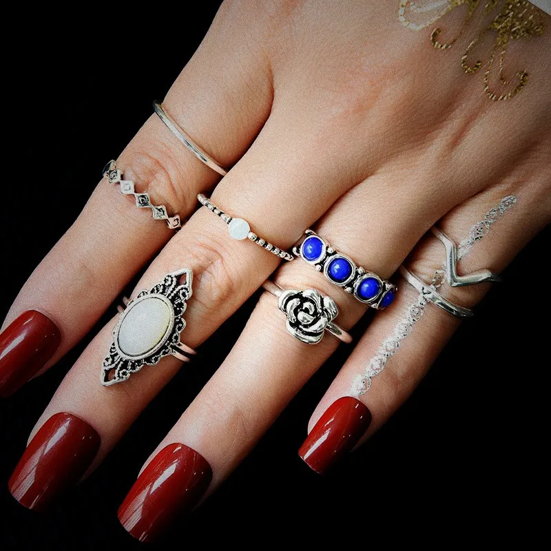 NJ 2019 Retro Style Chic Blue Gem Rings Flower Shaped 8 Piece Set For Woman Young Ladies Silver Geometric | Украшения и