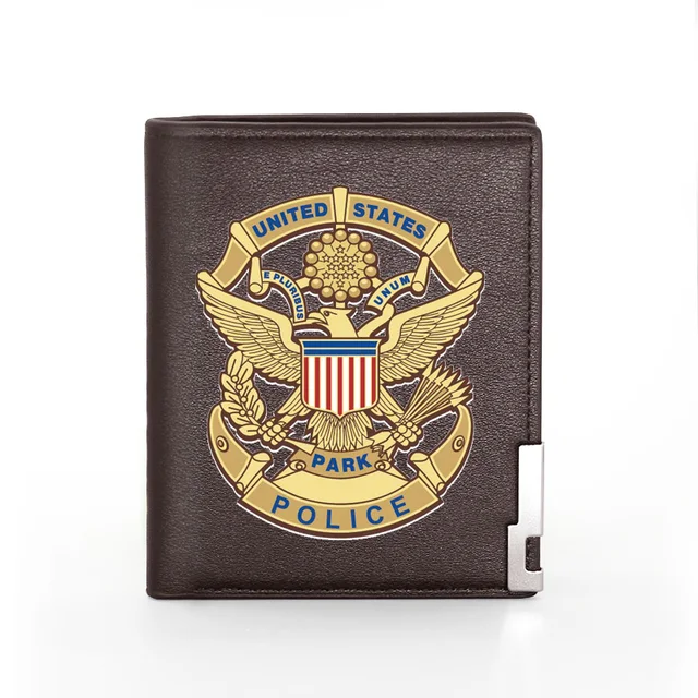 Fashion Security Officer Police Badge Printing Men's Wallet  Leather Purse For Men Credit Card Holder Short Male Slim Money Bags BG766-Brown