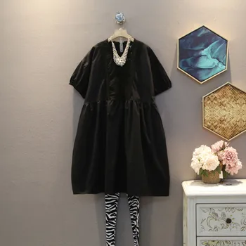 

[EWQ] 2020 Spring Summer New Pattern Round Collar Short Sleeve Solid Patchwork Large Size Pullovers Casual Dress Women 3AJ38701