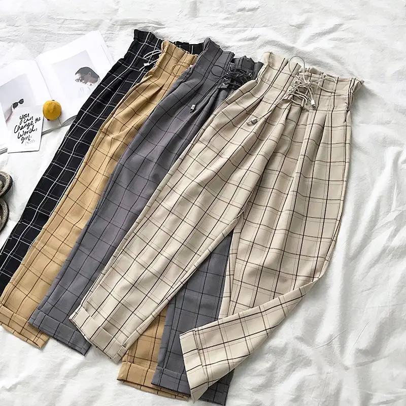 

2019 Autumn Plaid High Waist Women Harem Pants Black Lace Up Ruffled Ankle-Length Trousers For Women Clothes Female Casual Pant