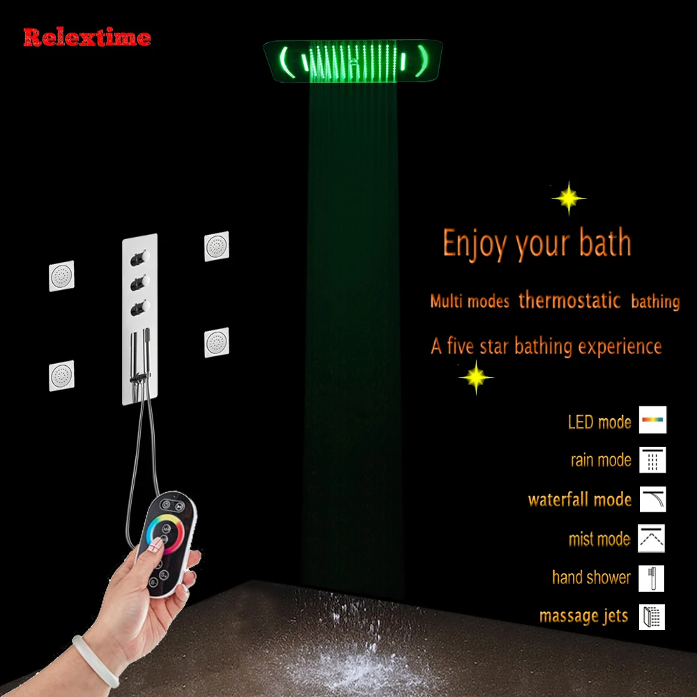 Bathroom Thermostatic Shower Set Panel Massage Jets Mixing Valve Faucet Nozzle Glow LED Luxury Head Waterfall Rain Units | Обустройство