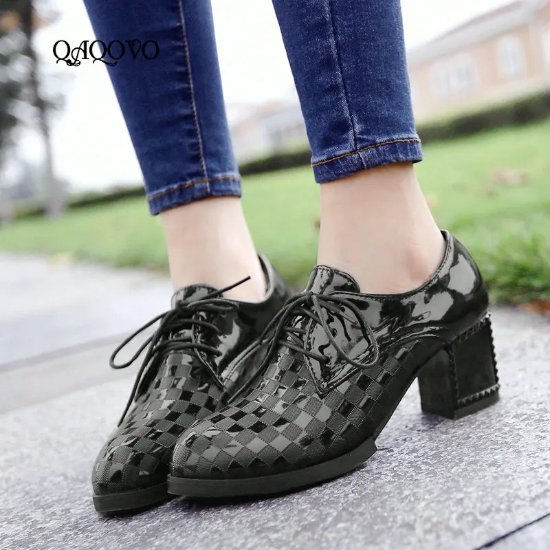 

Women Pumps Fashion Patent Leather Thick High Heels Lace Up Casual Shoes Pointed Toe Spring Autumn Shoes White Black Wine Red