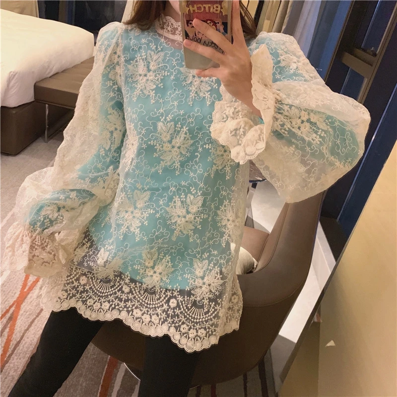RICININA, кружевная блузка, Женский комплект из двух частей, сетчатые розовые женские топы и блузки, женские повседневные рубашки с длинным рукавом, весна
