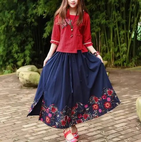 White Cotton And Linen Ethnic Loose Elastic Waist Women Skirt Print Flowers Long Ladies Jupe Umberlla Autumn Vintage Saia V193 | Женская
