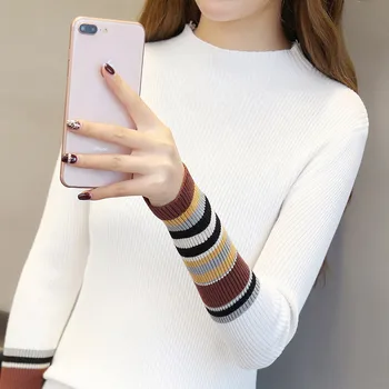 

Women's knitted T-shirt solid color arm striped shirt