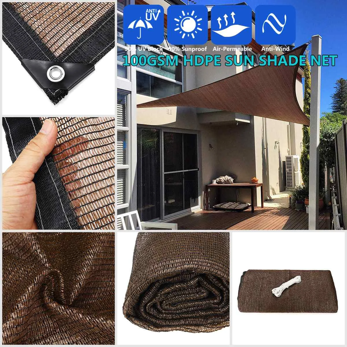 2x2 м 100GSM HDPE квадратный солнцезащитный козырек парус анти-УФ Открытый Патио Сад Палатка Зонт с 5 м веревкой
