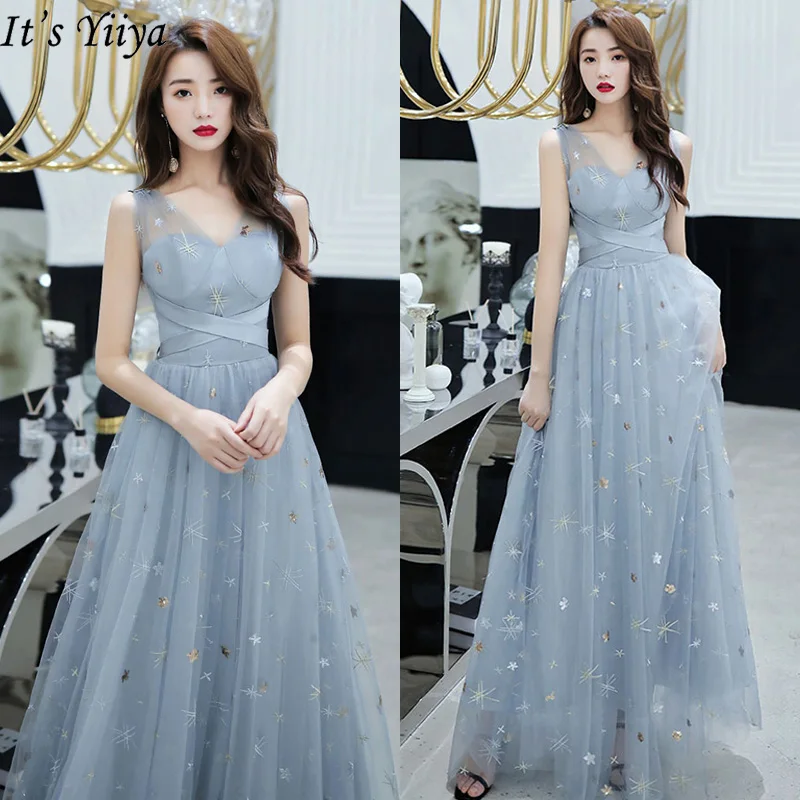 

It's Yiiya Evening Dress Plus Size V-neck Robe De Soiree 2020 Embroidery Pattern Sleeveless Elegant Long Eveing Gowns LF202