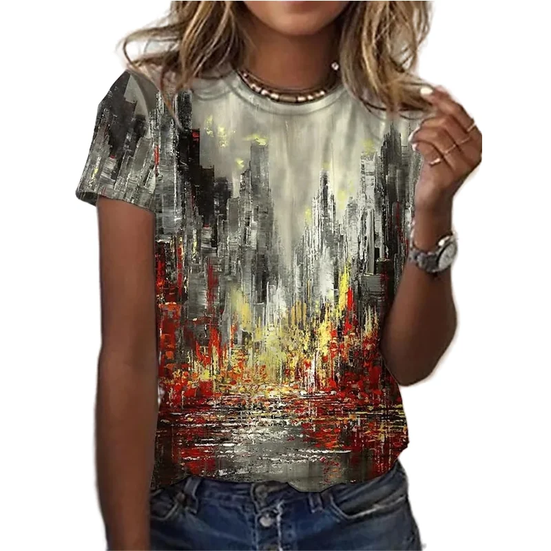 New Fashion Short-sleeved Ladies Oil Painting 3D Floral Print T-shirt Summer Round Neck Casual Loose Cute Tops Tee Shirt Femme couple t shirt