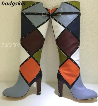 

Hot Fashion Mixed Colors Sewing Grid Rivets Patchwork Women Boots Slip On Buckle High Heels Shoes Woman Top Brand Party