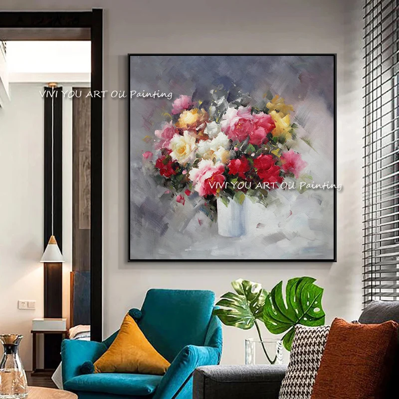 

100% Handmade Plants Pink Flowers Art Canvas oil paintings Colorful Gold White Large Size Modern For Home Room Wall Decoration
