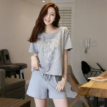 

2pcs Summer Women Pajamas Set Casual Solid Color Loose Sports Short Sleeve T-Shirts & Shorts Homewear Sleepwear