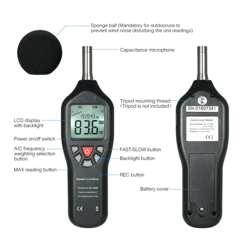 30-130dBA цифровой уровень звука измеритель давления DC адаптер USB кабель инструмент