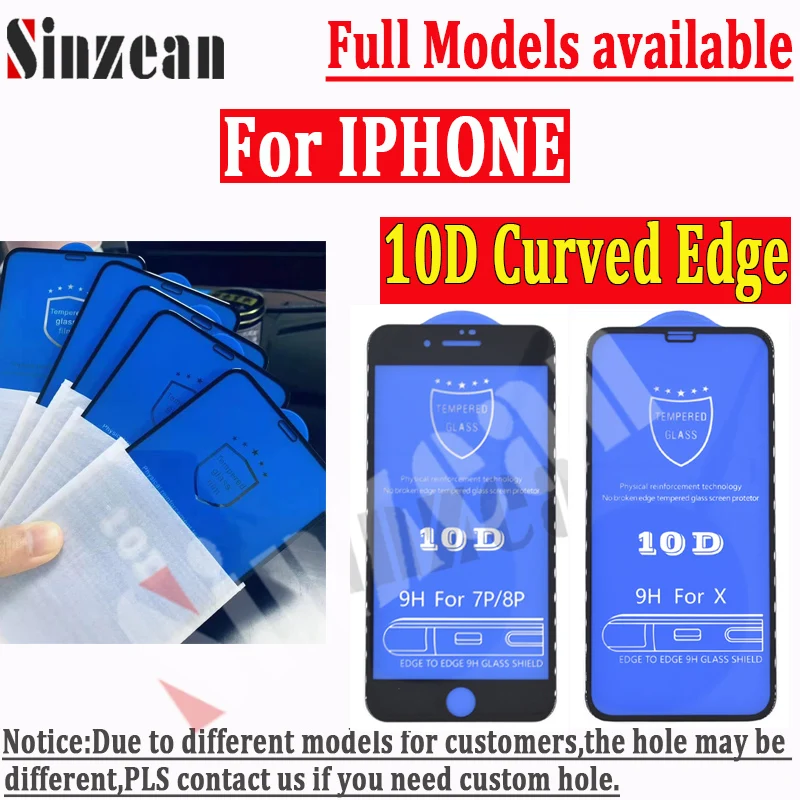 200pcs For IPHONE 12 Pro Max/11 Pro MAX/XS/XR Full Cover 10D Tempered Glass For IPHONE 7/6s/8 Plus Curved Edge Screen Protector
