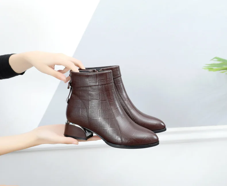 GKTINOO New Ankle Boots Women Pointed Toe Thick Heels Genuine Leather Shoes Short Boots Soft Sole Footwear Plus Size 35-43