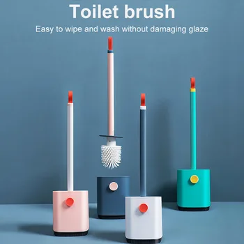 

Toilet Brush Holder Set Silicone Soft Bristles Long Handle Bathroom Cleaning Bowl Brush Kit With Base Bathroom Accessories Sets