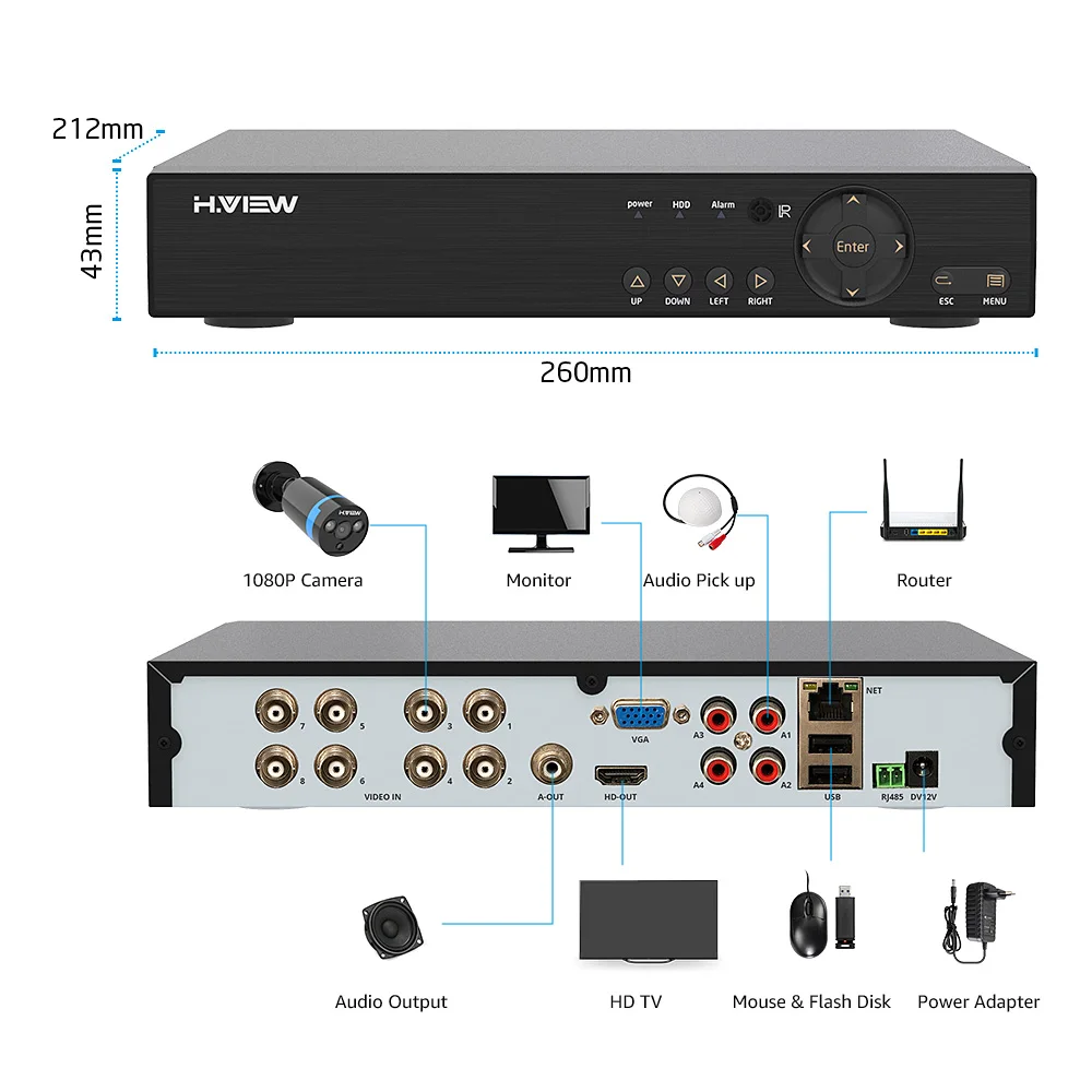 H. View камера безопасности 8ch комплект видеонаблюдения 8 шт 1080P CCTV камера 2.0мп уличное видеонаблюдение