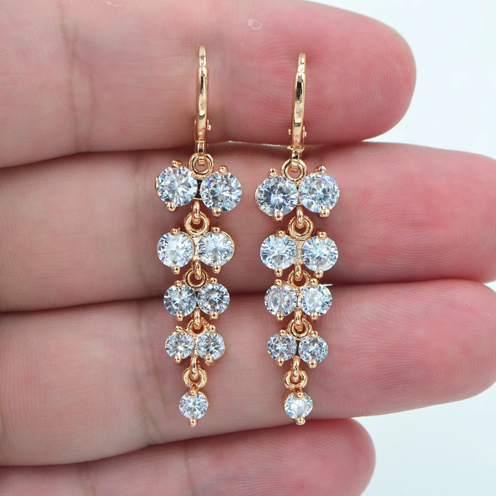 

AAA+ Cubic Zirconia Gold Color Fashion Women Clear CZ Luxury Long Dangle Wedding Earrings Jewelry