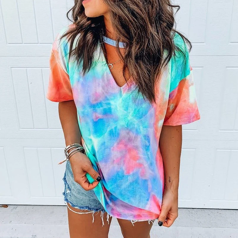 Лето 2020 Сексуальная футболка Frauen Tie Dye Druck Kurz Kurzarm Футболка Harajuku Camiseta Mujer женская