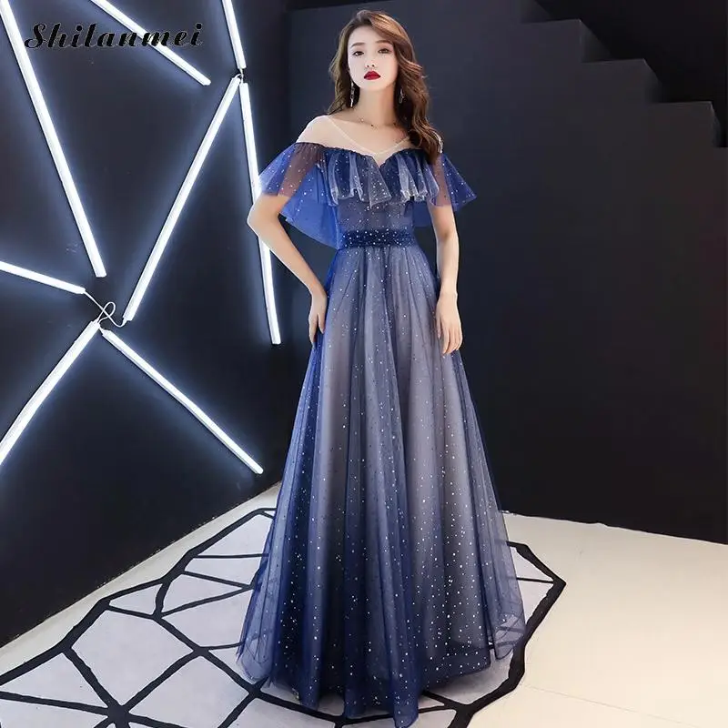 

Mesh Lace Long Evening Party Dress Women Ruffles Sleeve Mesh Patchwork Dress Luxury Large Hem Type Elegant Starry Maxi Dress