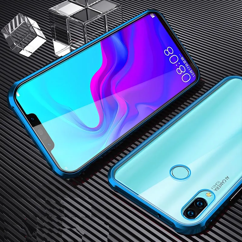 Металлический магнитный чехол для huawei Nova 3i из закаленного стекла, задняя крышка с магнитом для huawei Nova 3e Nova 3, передний и задний стеклянный чехол - Цвет: Синий