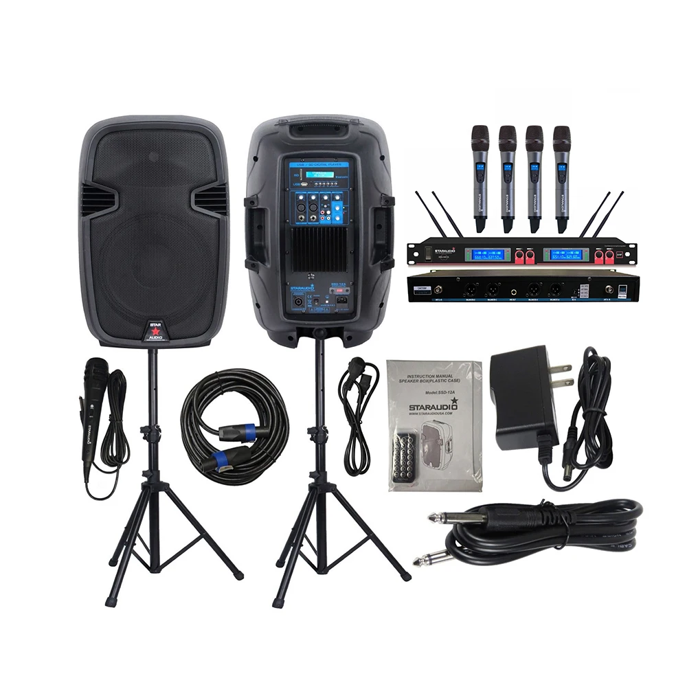 

STARAUDIO Pair 2000W 12" PA Powered DJ Active Speakers System DJ Stands 4CH UHF Handheld Wireless Microphone System SSD-12A