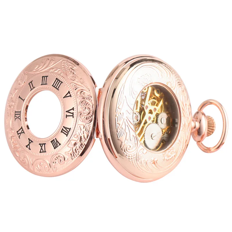 Antique Rose Gold Men Women Skeleton Mechanical Hand Wind Pocket Watch FOB Pendant Chain Roman Number Dial Relgio de bolso Gift