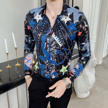 New Arrival asian Size Mens Formal Shirts Meteor Print Long Sleeve Blouse Shirts for Men