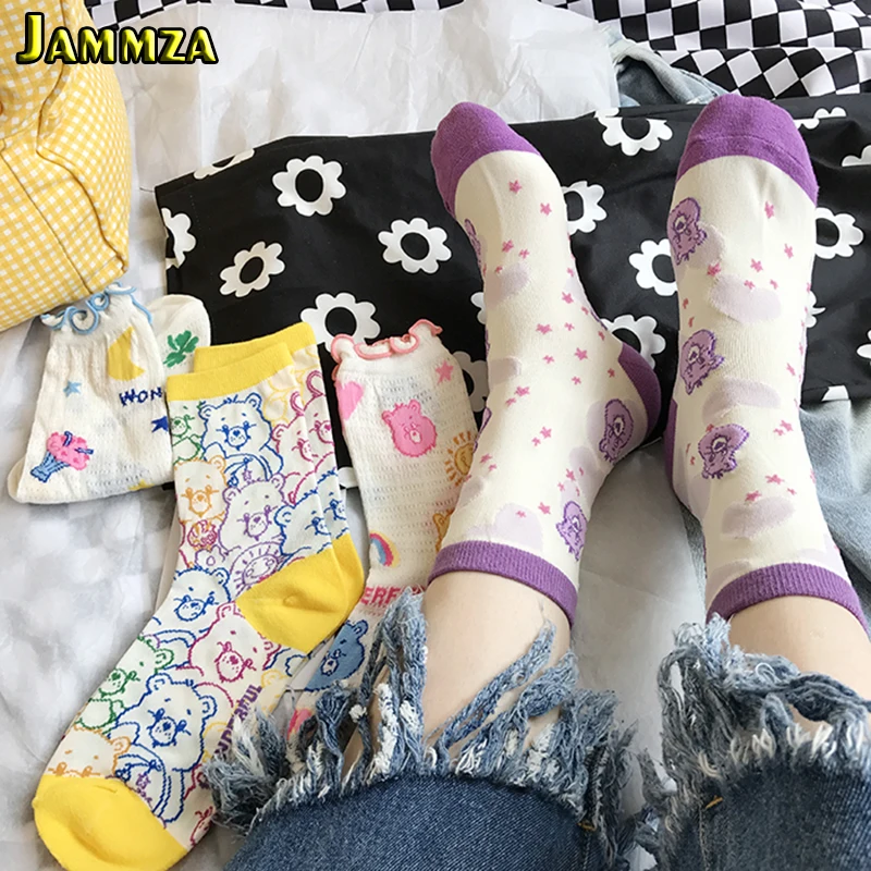 Красочные хлопковые корейские милые стильные носки с героями мультфильмов для женщин, модные носки с изображением медведя, брендовые носки для девочек, подарок Meias
