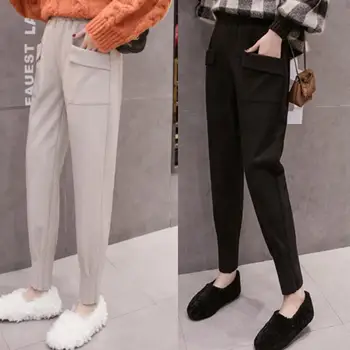 

Casual Women Winter Woolen High Waist Pockets Elastic Waistband Straight Pants