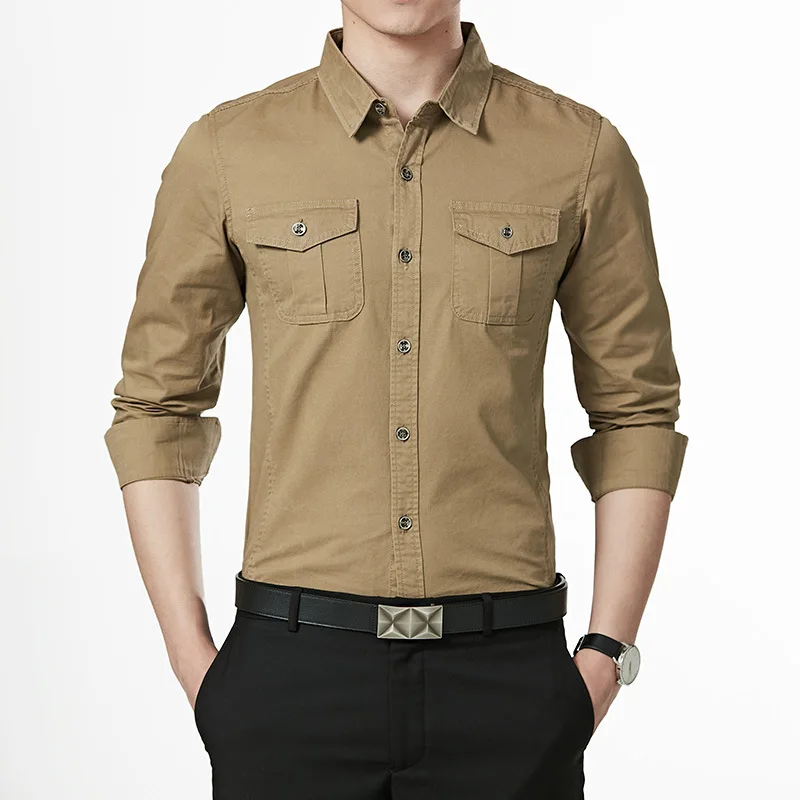 Khaki Shirt Waidx Военная Однотонная рубашка мужская приталенная Корейская рубашка Бизнес хлопок хаки синий длинный рукав винтажная уличная Прямая поставка - Цвет: Khaki Shirt