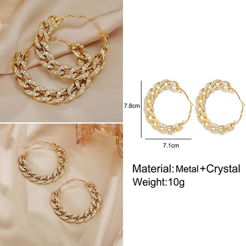 

Thick Chain Hoop Earrings for Women New Exaggerated Crystal Earring Personality Golden Ear Rings Fashion Jewelry Accessories