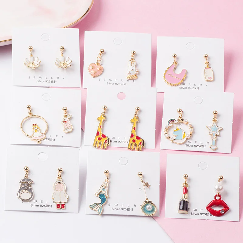 Cute Cartoon Modeling Asymmetric Metal pendant Earrings Women Girls Creative Omelette Space Animal personality Jewelry